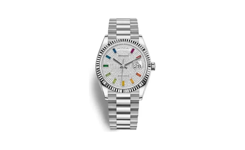 Rolex Day-Date 36 White Gold / Fluted / Paved-Rainbow / President