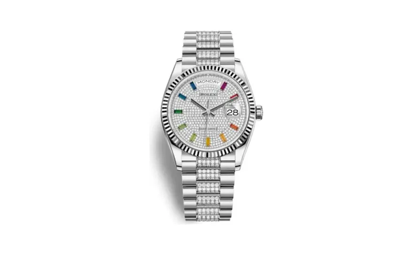Rolex Day-Date 36 White Gold / Fluted / Paved-Rainbow / President-Diamond