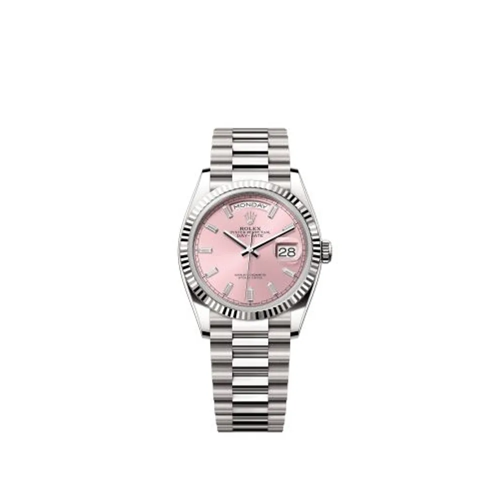 Rolex Day-Date 36 White Gold - Fluted / Pink - Baguette / President