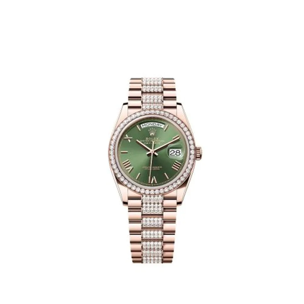 Rolex Day-Date 36 Everose Gold - Diamond / Green - Roman / President - Diamond