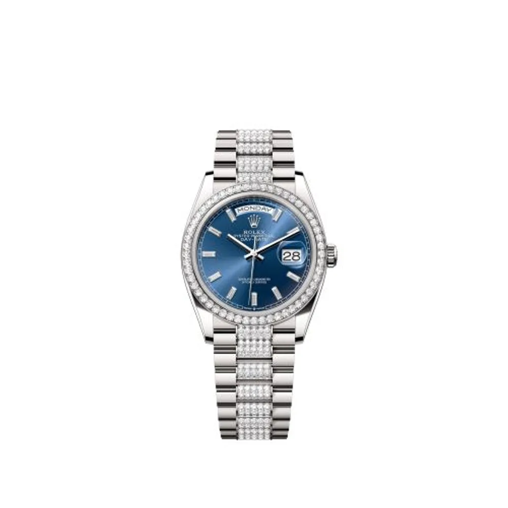 Rolex Day-Date 36 White Gold - Diamond / Bright Blue - Baguette / President - Diamond