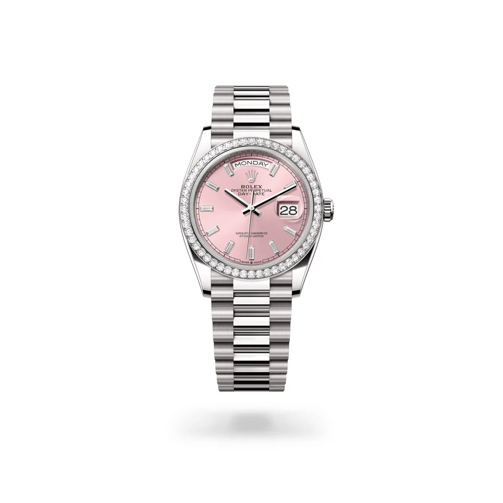 Rolex Oyster Perpetual Day-Date 36, 18 kt white gold, Pink set with diamonds dial