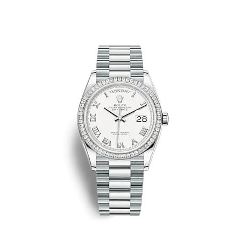Rolex Day-Date 36 Platinum - Baguette / White - Roman / President