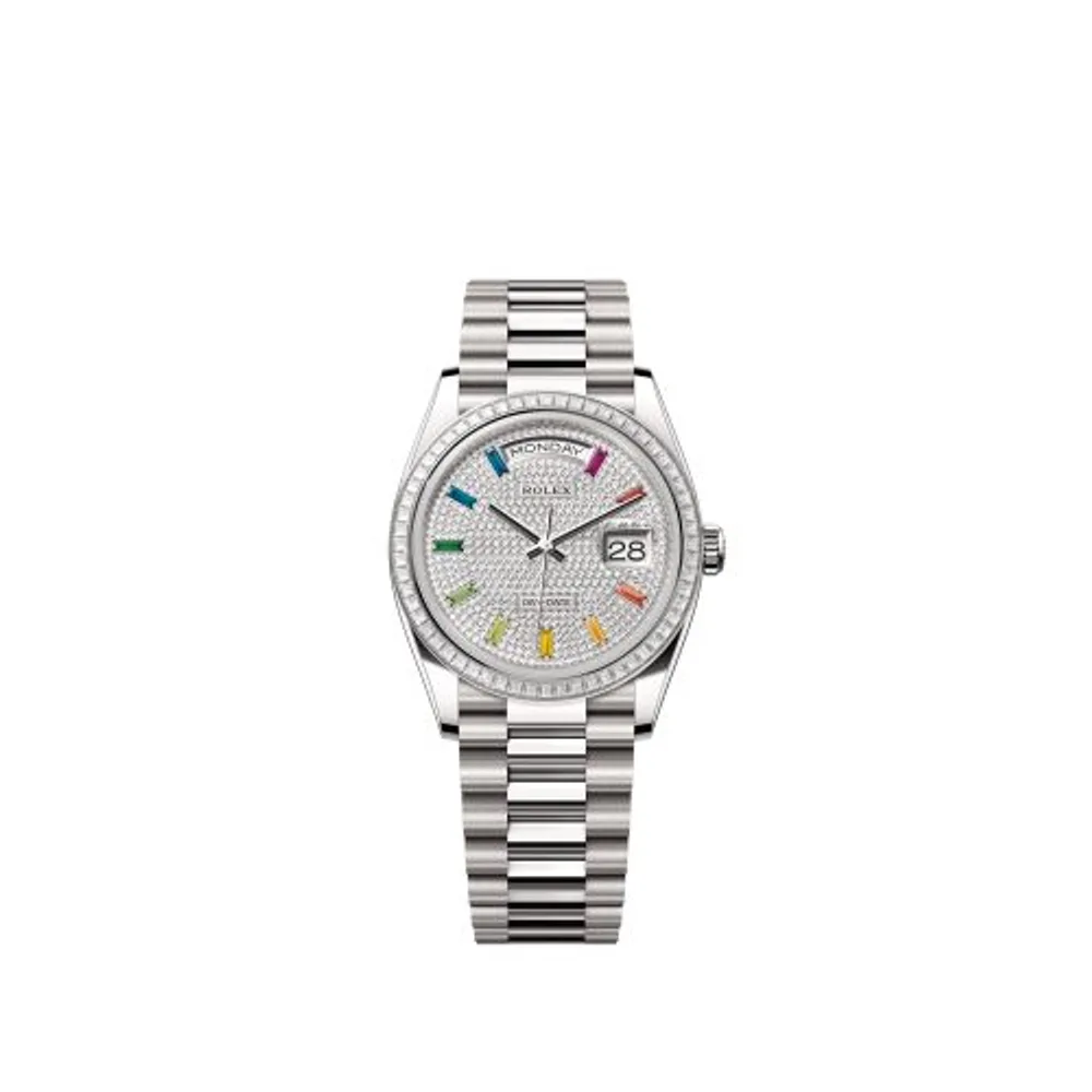 Rolex Day-Date 36 Whtie Gold - Baguette / Paved - Rainbow / President