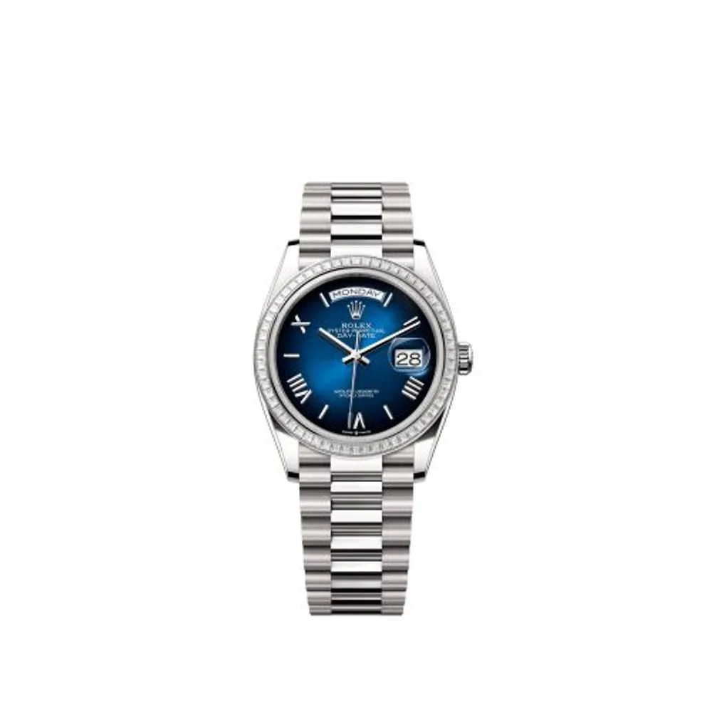 Rolex Day-Date 36 White Gold - Baguette / Blue Ombré - Roman / President
