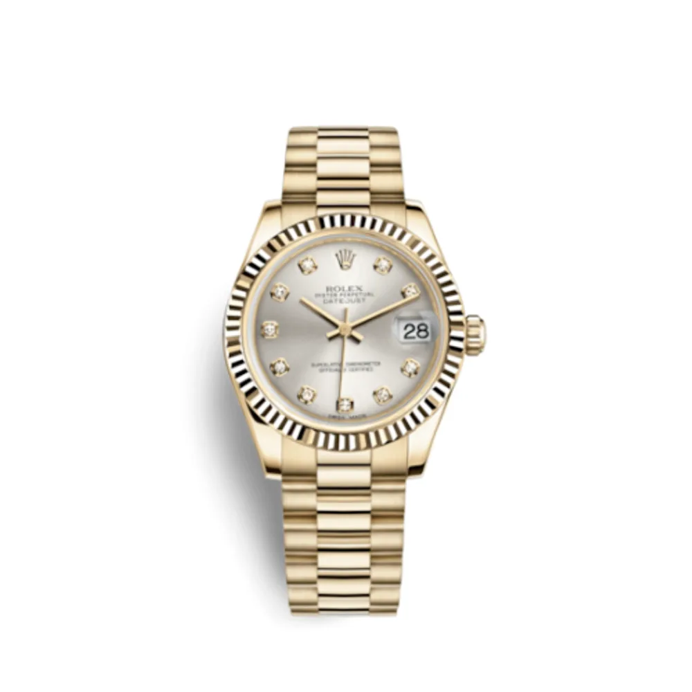 Rolex Datejust 31 Yellow Gold Fluted / President / Silver Diamond