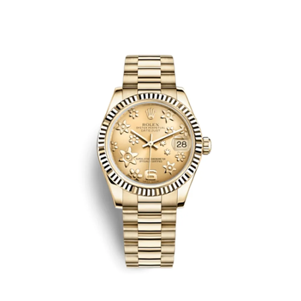 Rolex Datejust 31 Yellow Gold Fluted / President / Champagne Floral