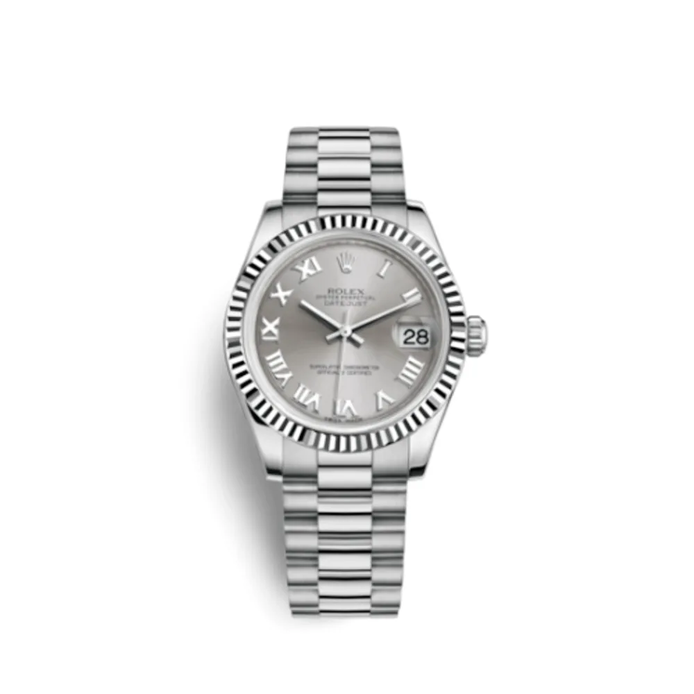 Rolex Datejust 31 White Gold Fluted / President / Rhodium Roman