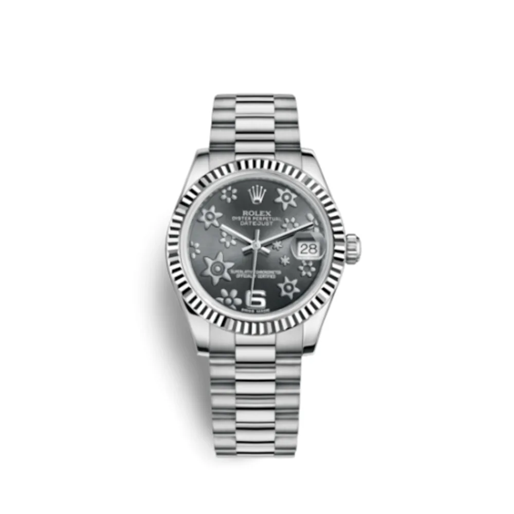 Rolex Datejust 31 White Gold Fluted / President / Dark Rhodium Floral
