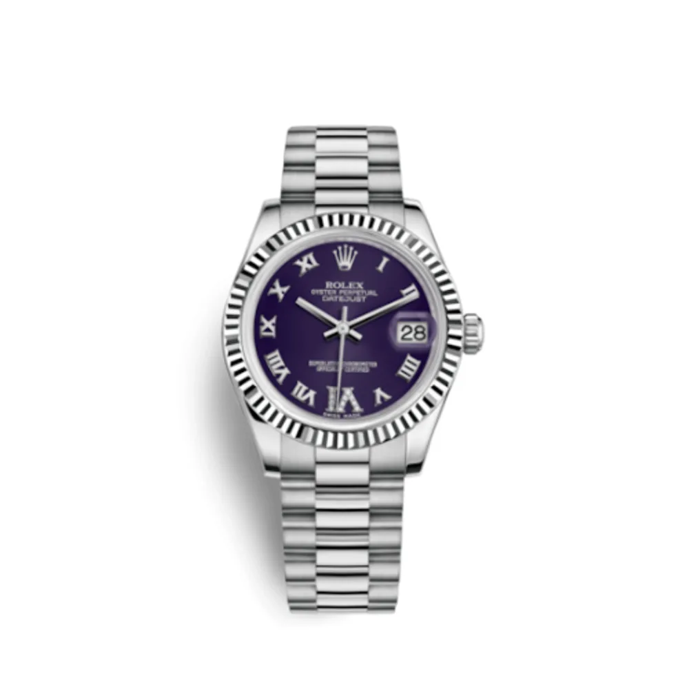 Rolex Datejust 31 White Gold Fluted / President / Blue Roman