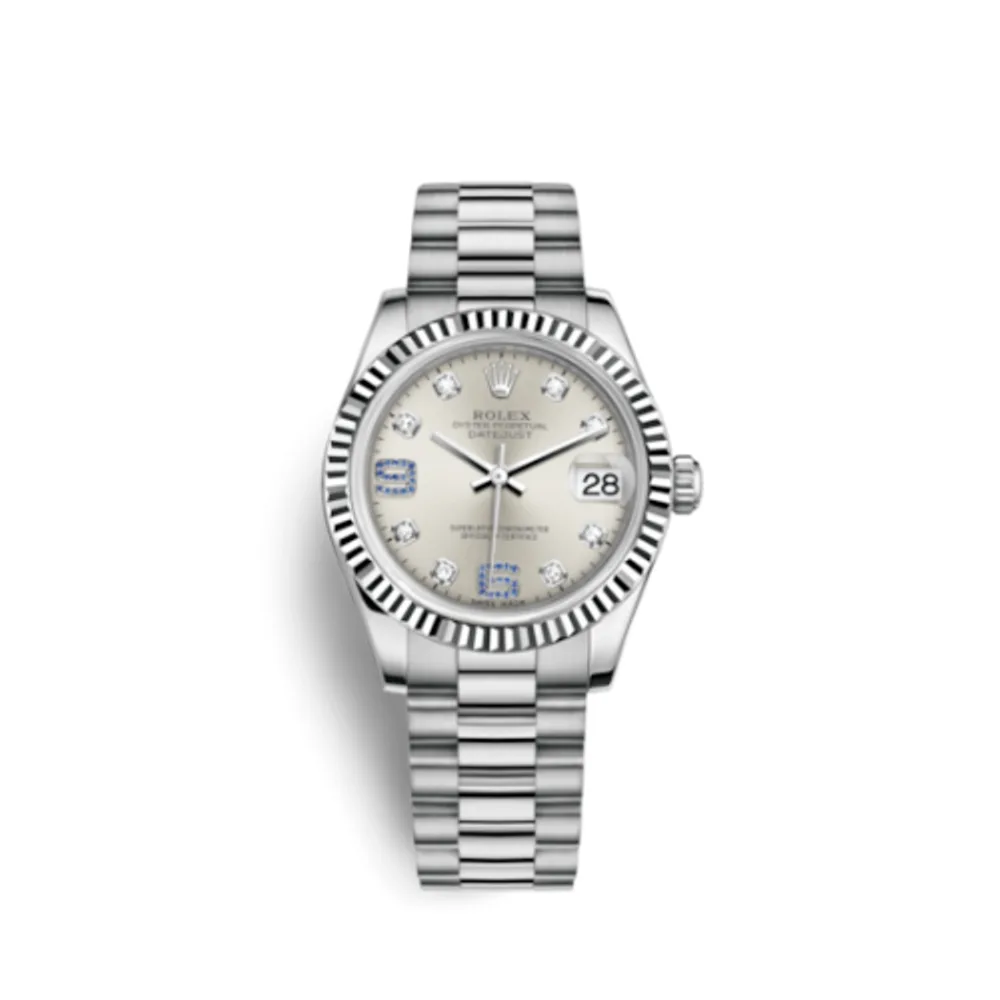 Rolex Datejust 31 White Gold Fluted / President / Silver Diamonds & Sapphires