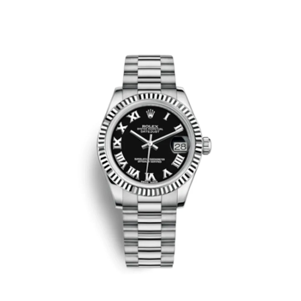 Rolex Datejust 31 White Gold Fluted / President / Black Roman