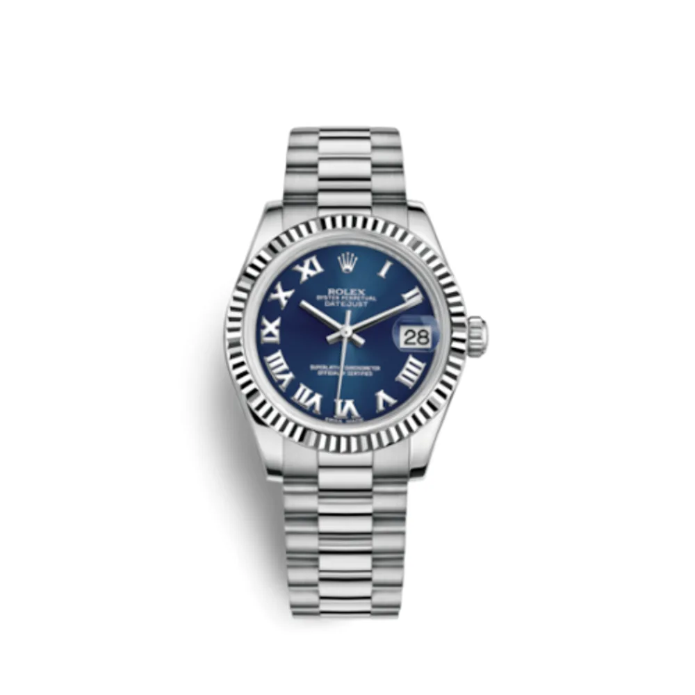 Rolex Datejust 31 White Gold Fluted / President / Blue Roman