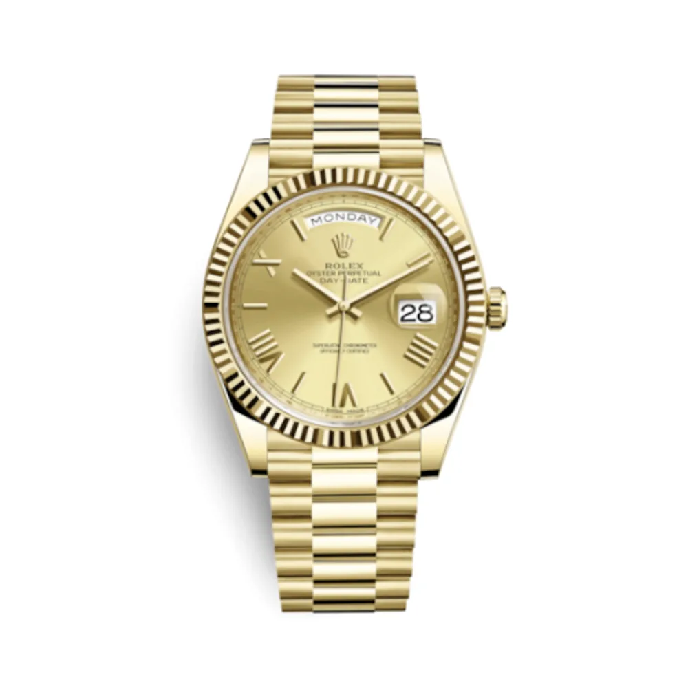 Rolex Day-Date 40 Yellow Gold - Fluted / Champagne - Roman