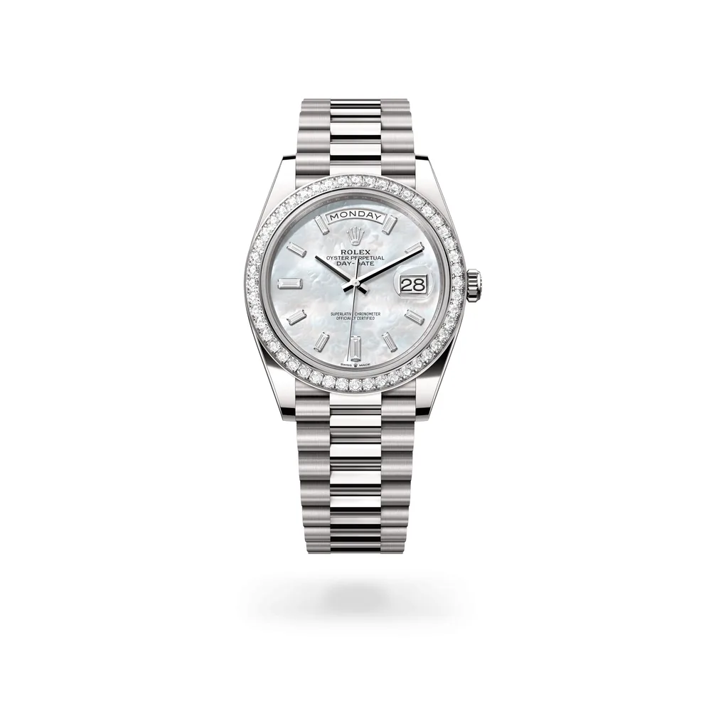 Rolex Oyster Perpetual Day-Date 40, 18 kt white gold, White mother-of-pearl set with diamonds dial