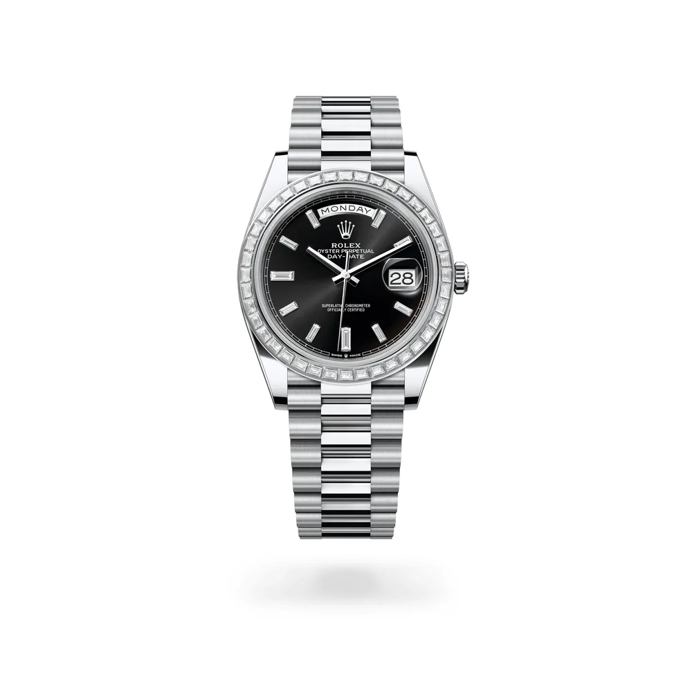 Rolex Oyster Perpetual Day-Date 40, Platinum, Bright black set with diamonds dial