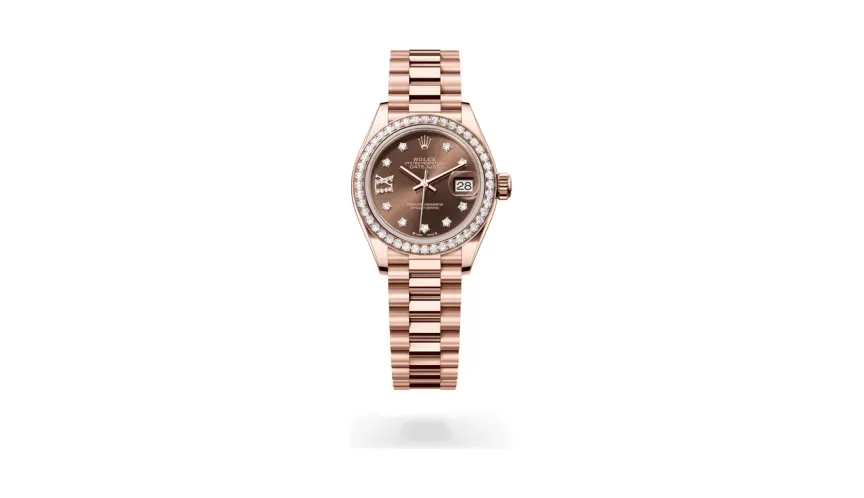 Rolex Lady-Datejust Oyster, 28 mm, Everose gold and diamonds, 18 kt Everose gold, Chocolate dial