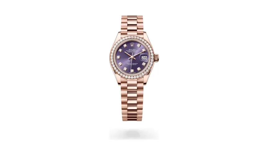 Rolex Lady-Datejust Oyster, 28 mm, Everose gold and diamonds, 18 kt Everose gold, Aubergine dial