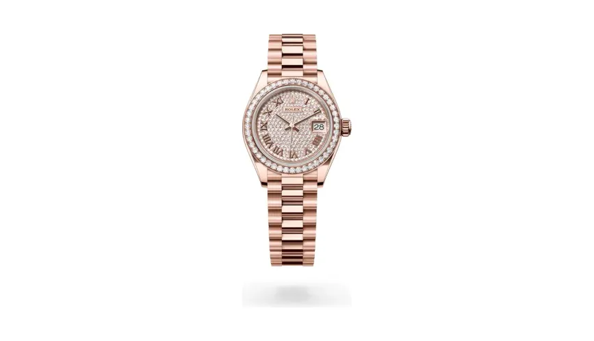 Rolex Lady-Datejust Oyster, 28 mm, Everose gold and diamonds, 18 kt Everose gold, Diamond-paved dial