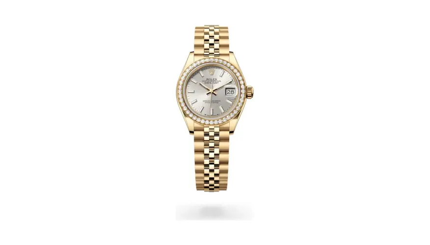 Rolex Lady-Datejust Oyster, 28 mm, yellow gold and diamonds, 18 kt yellow gold, Silver dial