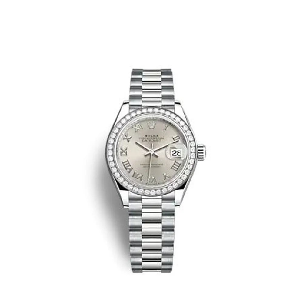 Rolex Lady-Datejust 28 White Gold - Diamond / President / Silver - Roman