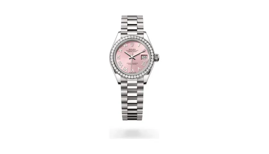 Rolex Lady-Datejust Oyster, 28 mm, white gold and diamonds, 18 kt white gold, Pink dial