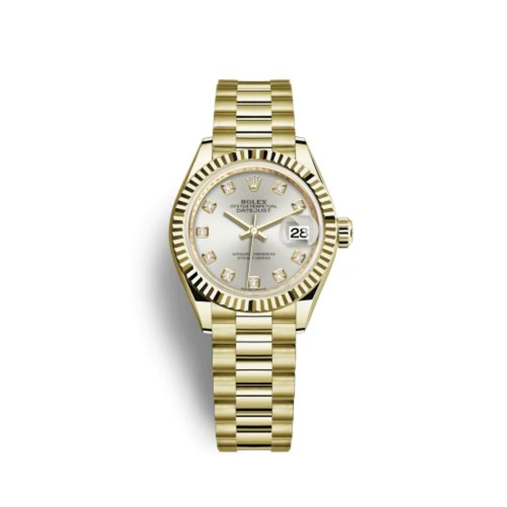 Rolex Lady-Datejust 28 Yellow Gold Fluted / President / Silver Diamond