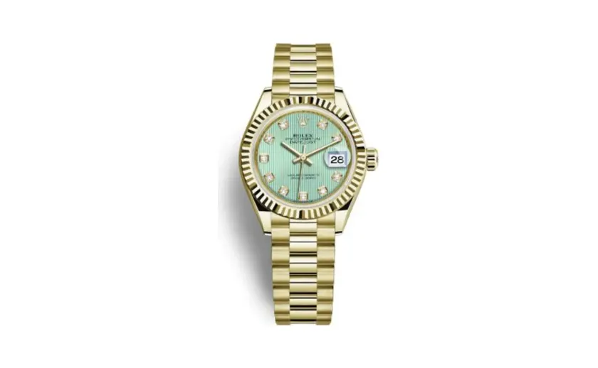 Rolex Lady-Datejust 28 Yellow Gold Fluted / President / Green Diamond