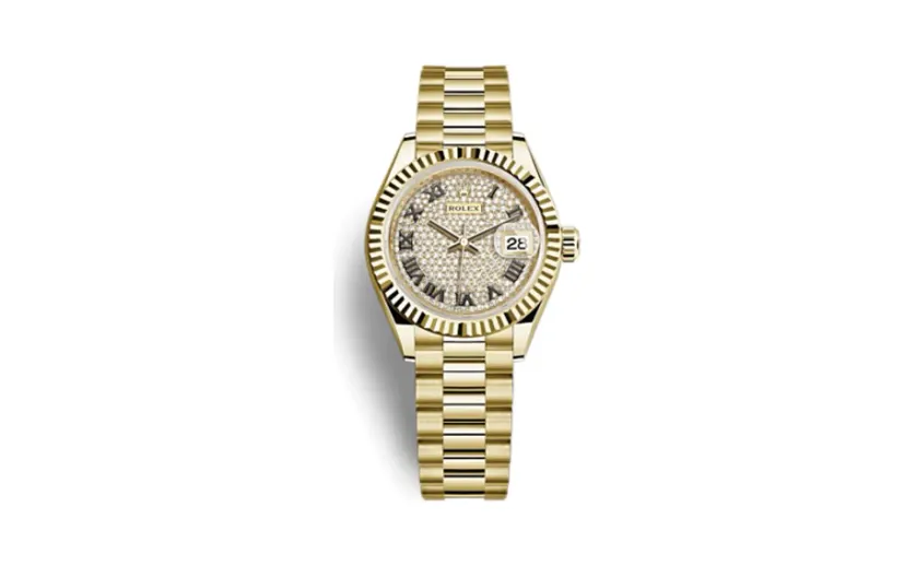 Rolex Lady-Datejust 28 Yellow Gold Fluted / President / Paved Roman