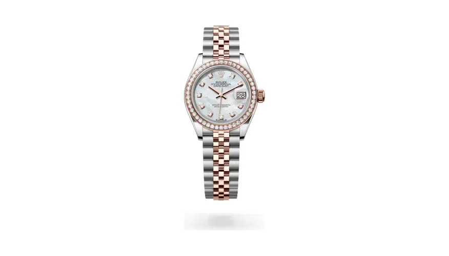 Rolex Lady-Datejust Oyster, 28 mm, Oystersteel, Everose gold and diamonds, Everose Rolesor, White mother-of-pearl dial