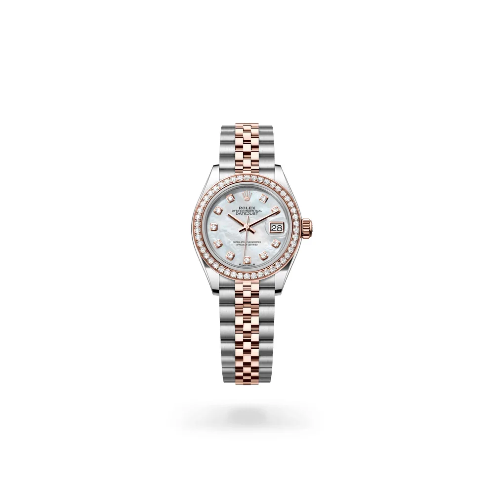 Rolex Lady-Datejust Oyster, 28 mm, Oystersteel, Everose gold and diamonds, Everose Rolesor, White mother-of-pearl dial