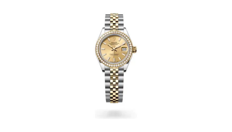 Rolex Lady-Datejust Oyster, 28 mm, Oystersteel, yellow gold and diamonds, Yellow Rolesor, Champagne-colour dial
