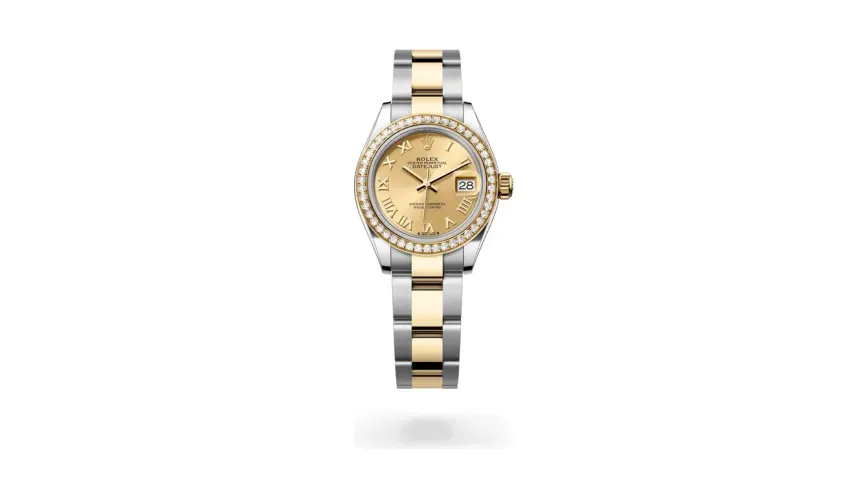 Rolex Lady-Datejust Oyster, 28 mm, Oystersteel, yellow gold and diamonds, Yellow Rolesor, Champagne-colour dial