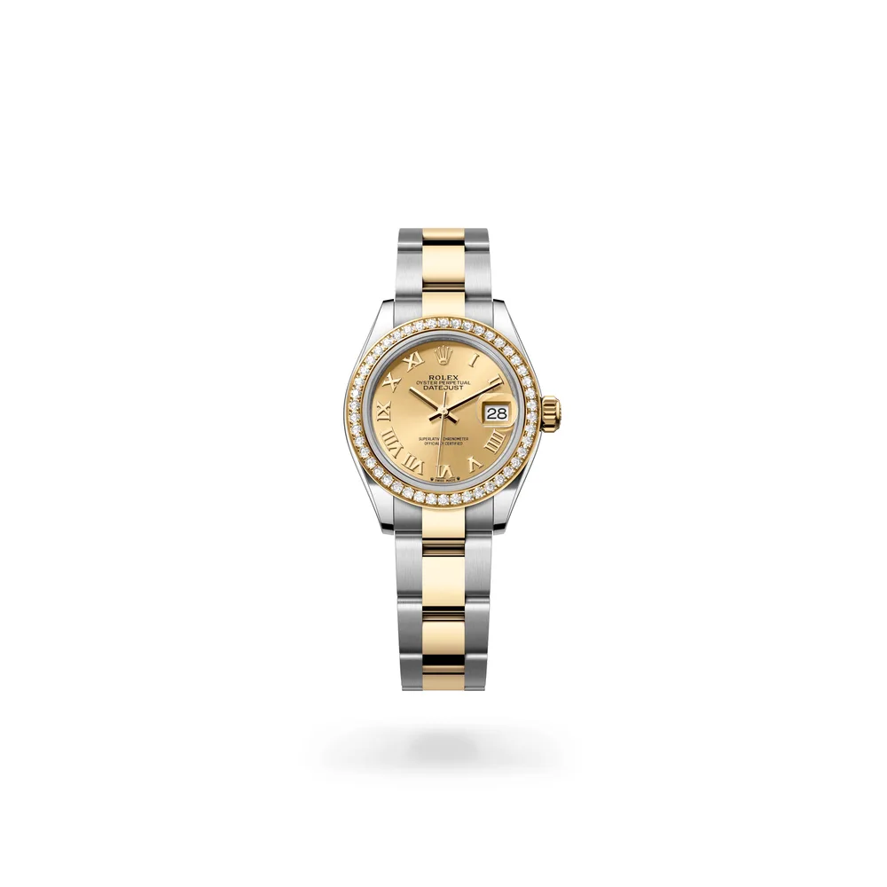 Rolex Lady-Datejust Oyster, 28 mm, Oystersteel, yellow gold and diamonds, Yellow Rolesor, Champagne-colour dial