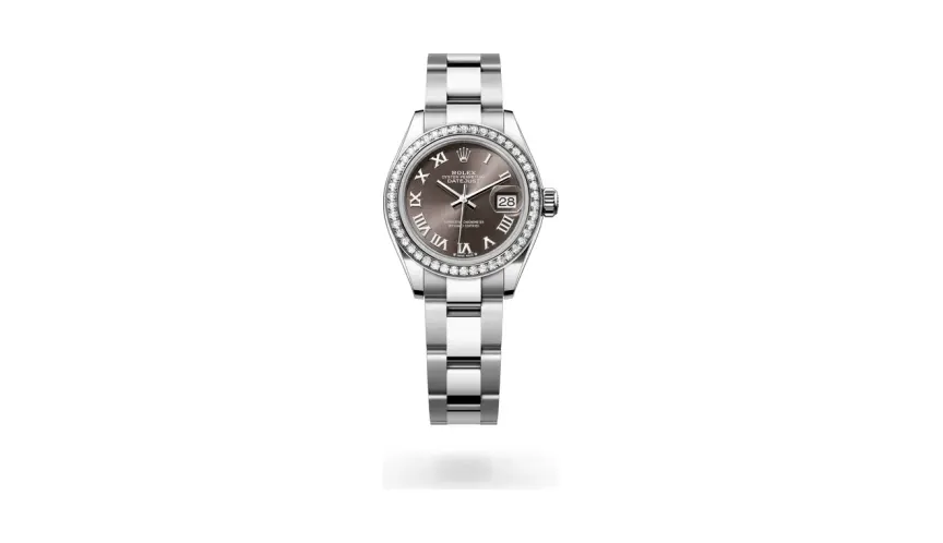 Rolex Lady-Datejust Oyster, 28 mm, Oystersteel, white gold and diamonds, White Rolesor, Dark grey dial