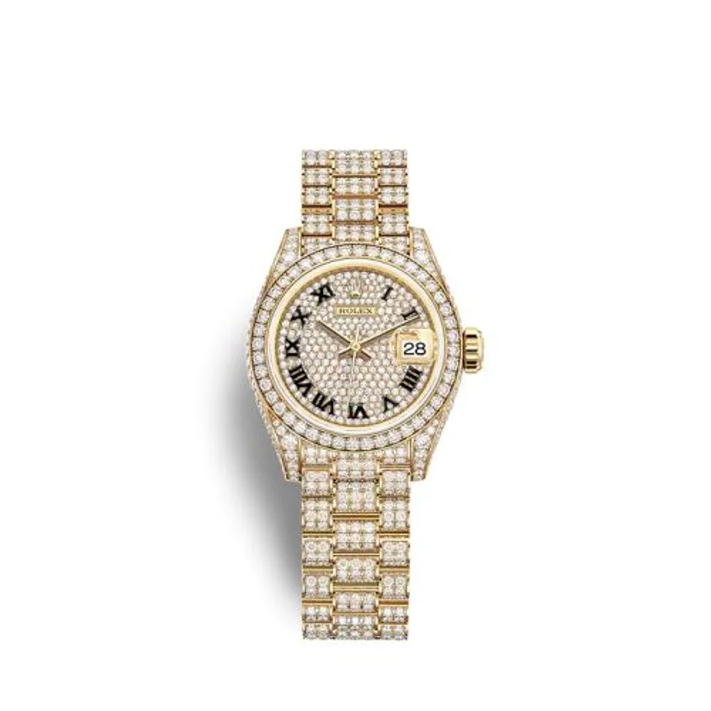 Rolex Lady-Datejust 28 Yellow Gold / Diamond / Paved - Roman / President
