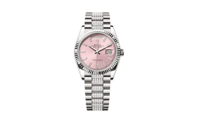 Rolex Day-Date 36 White Gold - Fluted / Pink - Baguette / President - Diamond