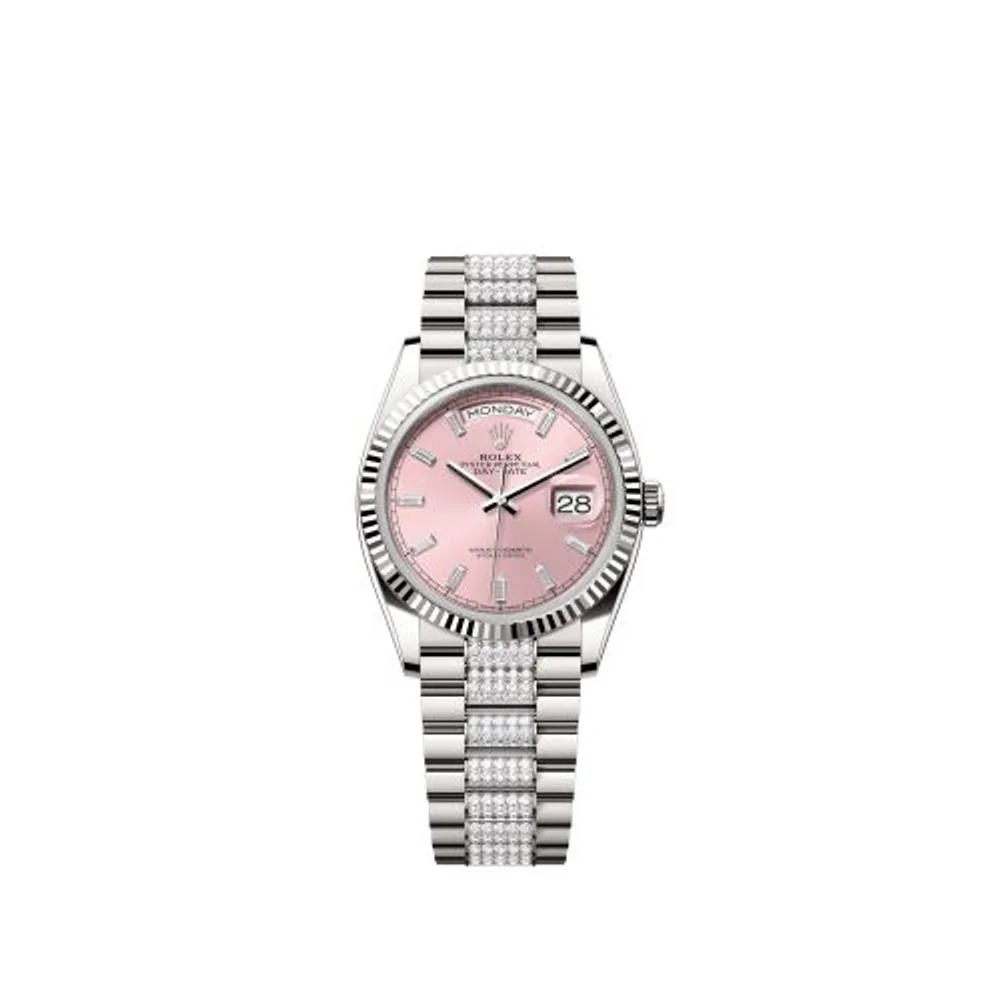 Rolex Day-Date 36 White Gold - Fluted / Pink - Baguette / President - Diamond