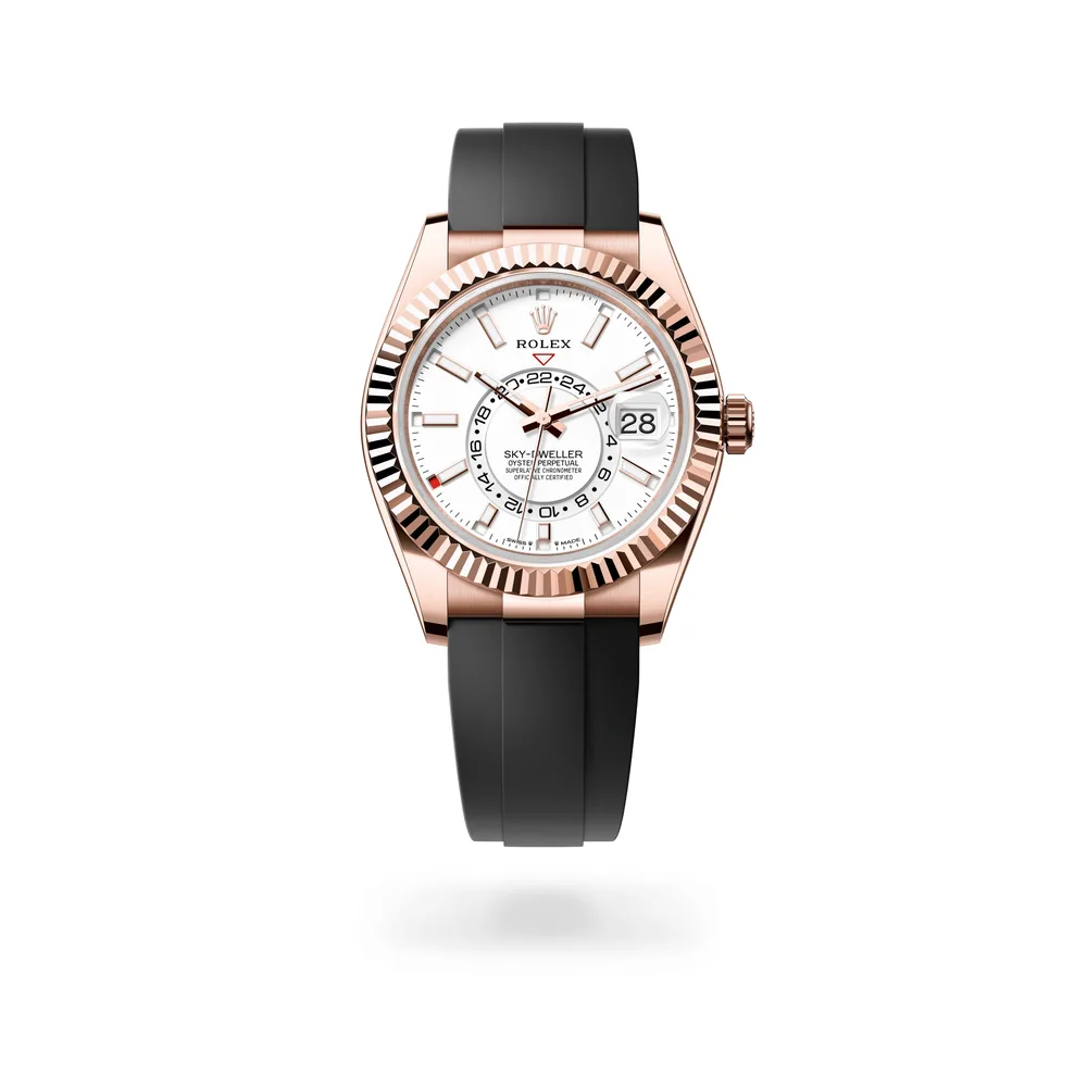 Rolex Oyster Perpetual Sky-Dweller, 42 mm, 18 kt Everose gold, 18 kt Everose gold, Intense white dial
