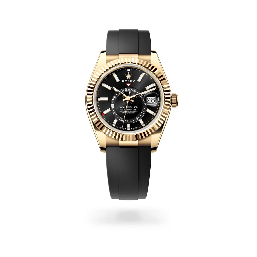 Rolex Oyster Perpetual Sky-Dweller, 42 mm, 18 kt yellow gold, 18 kt yellow gold, Bright black dial