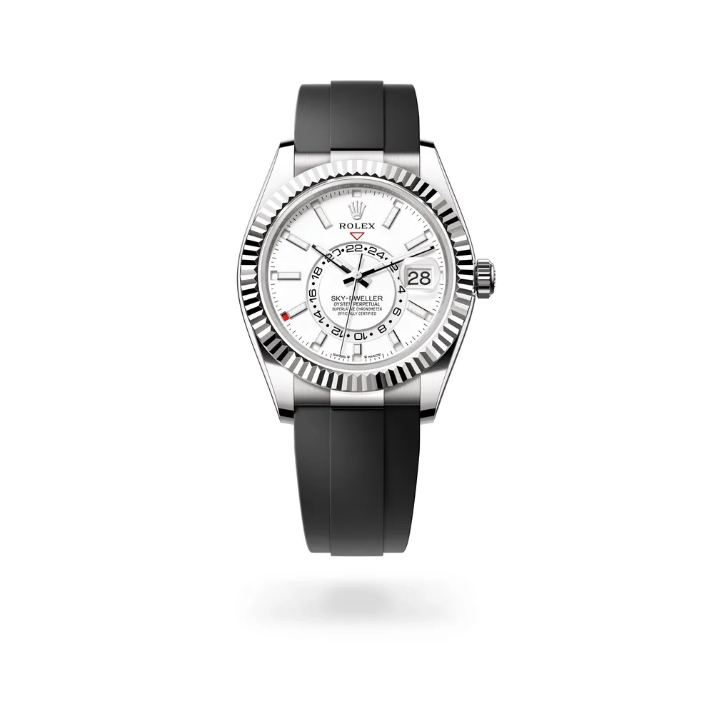 Rolex Oyster Perpetual Sky-Dweller, 42 mm, 18 kt white gold, 18 kt white gold, Intense white dial