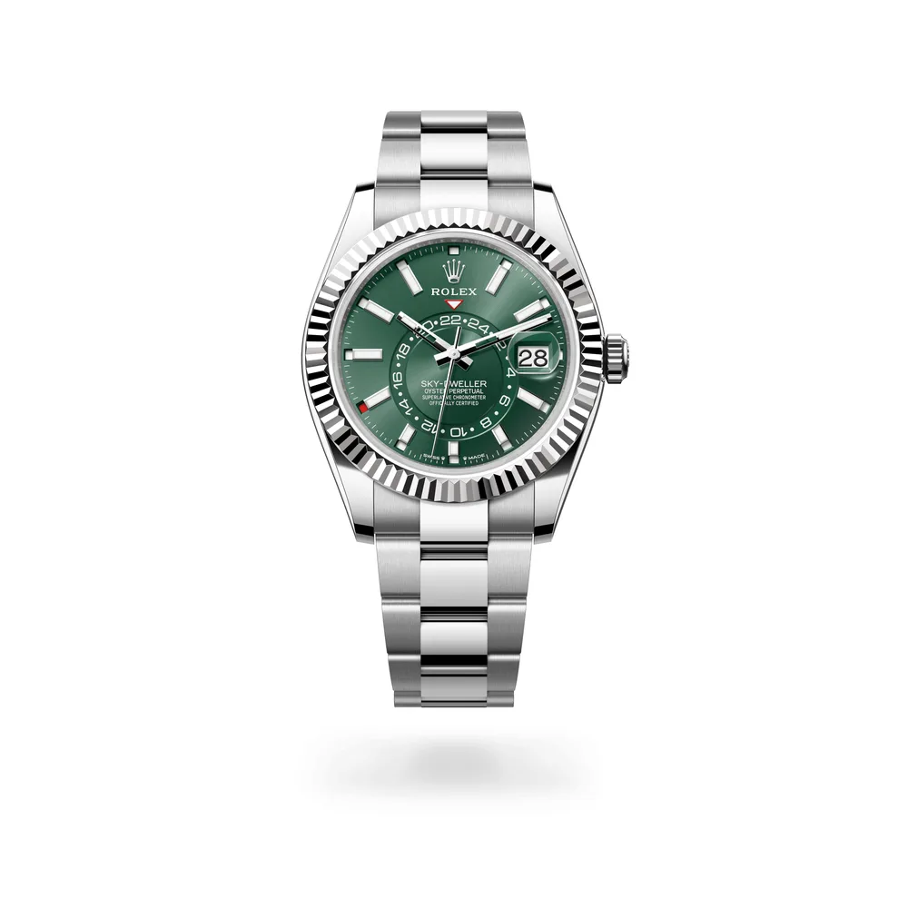 Rolex Oyster Perpetual Sky-Dweller, 42 mm, Oystersteel and white gold, White Rolesor, Mint green dial
