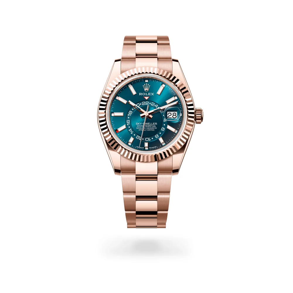 Rolex Oyster Perpetual Sky-Dweller, 42 mm, 18 kt Everose gold, 18 kt Everose gold, Blue-green dial