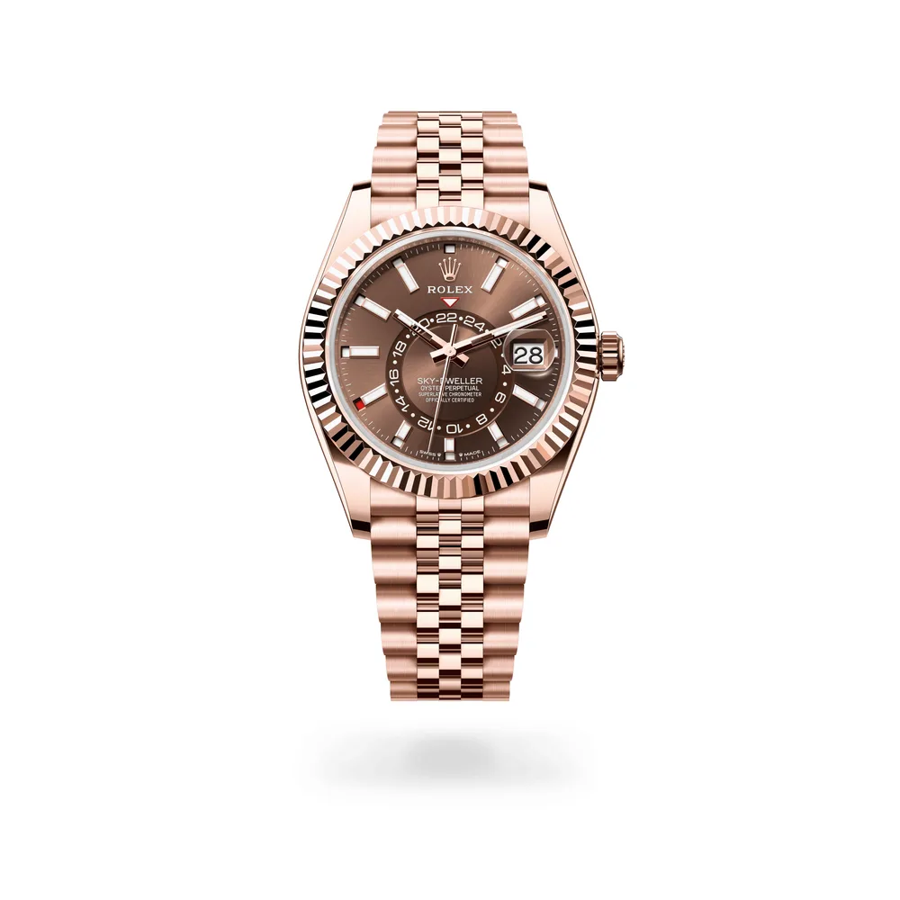 Rolex Oyster Perpetual Sky-Dweller, 42 mm, 18 kt Everose gold, 18 kt Everose gold, Chocolate dial