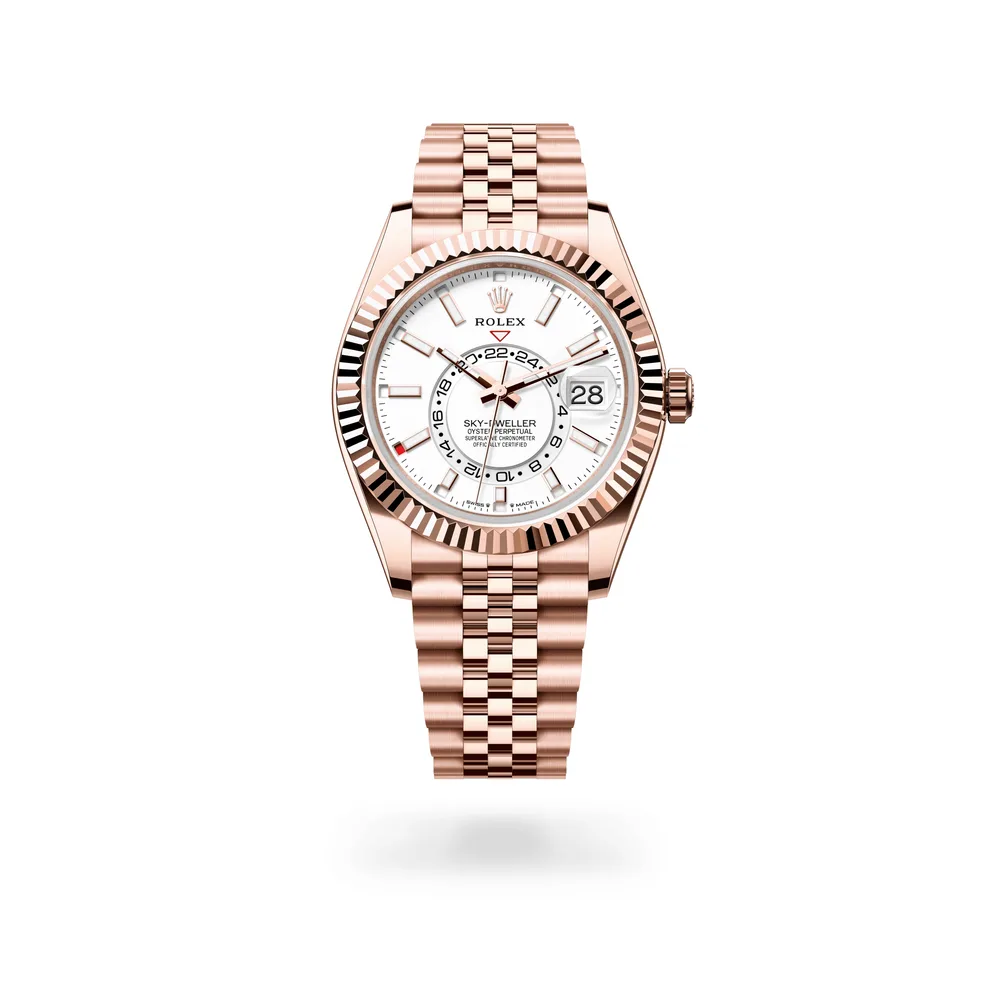 Rolex Oyster Perpetual Sky-Dweller, 42 mm, 18 kt Everose gold, 18 kt Everose gold, Intense white dial