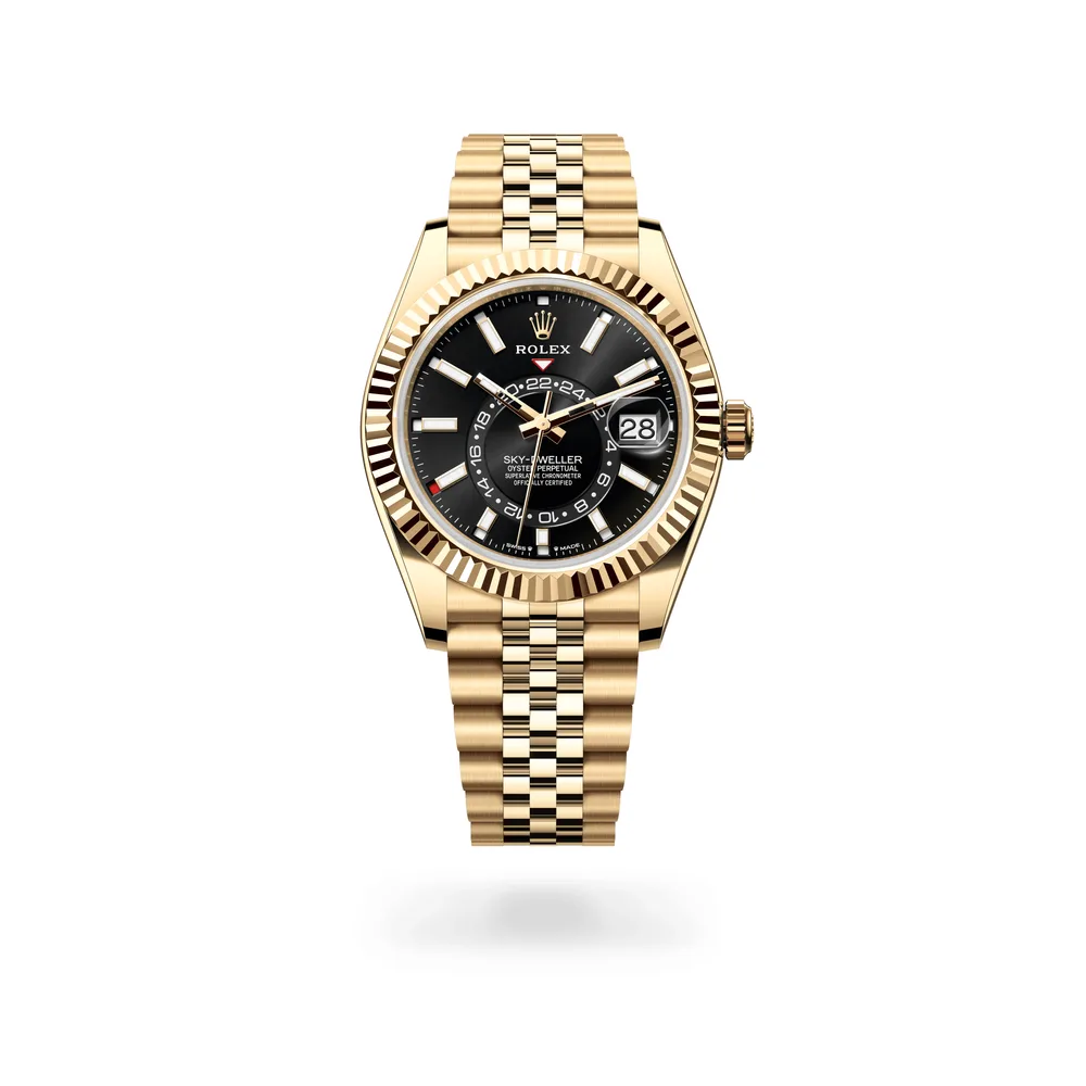 Rolex Oyster Perpetual Sky-Dweller, 42 mm, 18 kt yellow gold, 18 kt yellow gold, Bright black dial