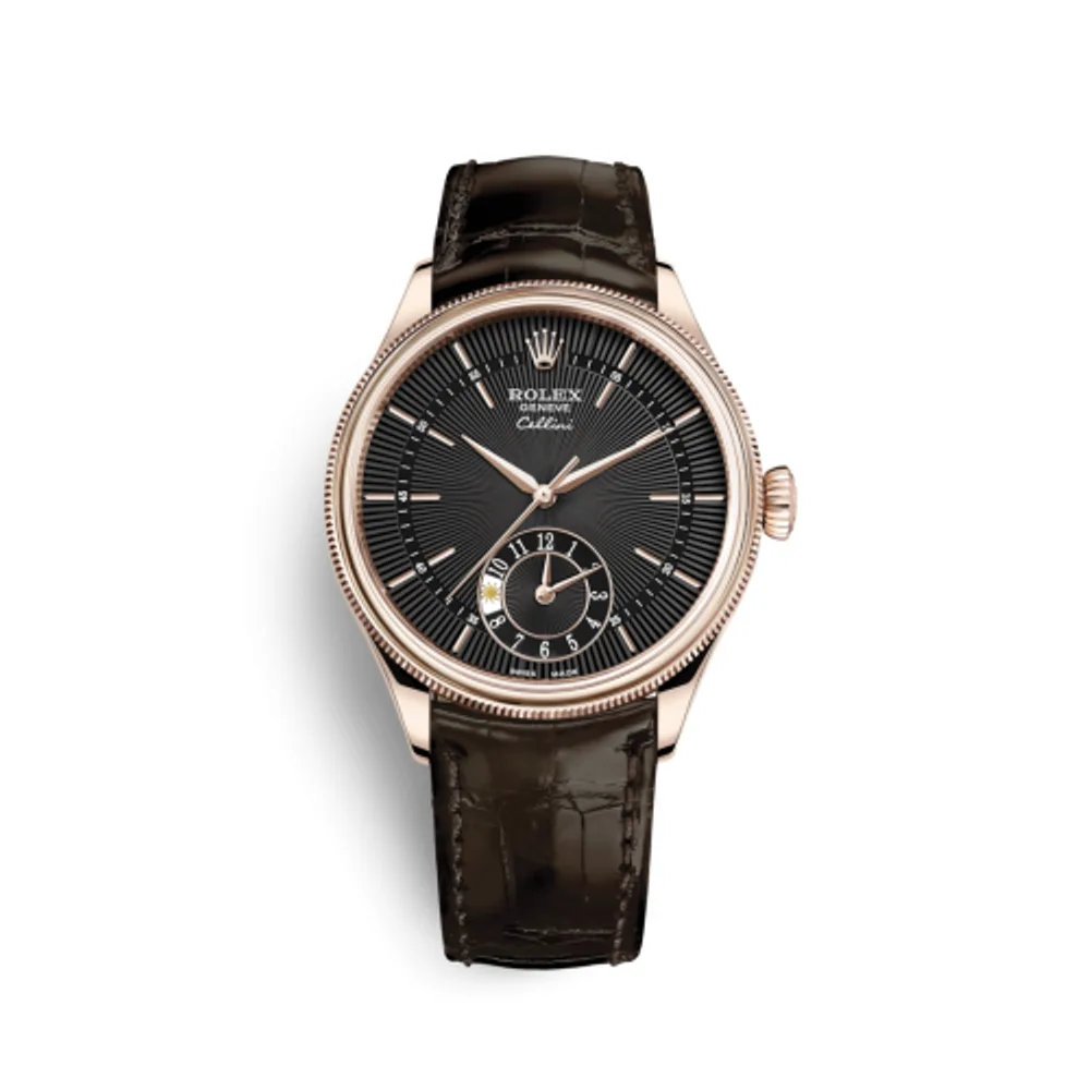 Rolex Cellini Dual Time Everose / Black / Alligator Brown