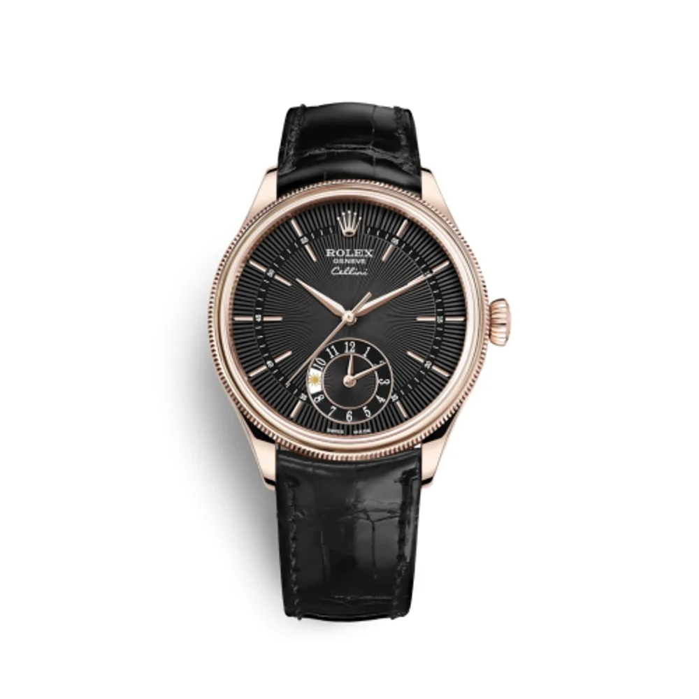 Rolex Cellini Dual Time Everose / Black / Alligator Black