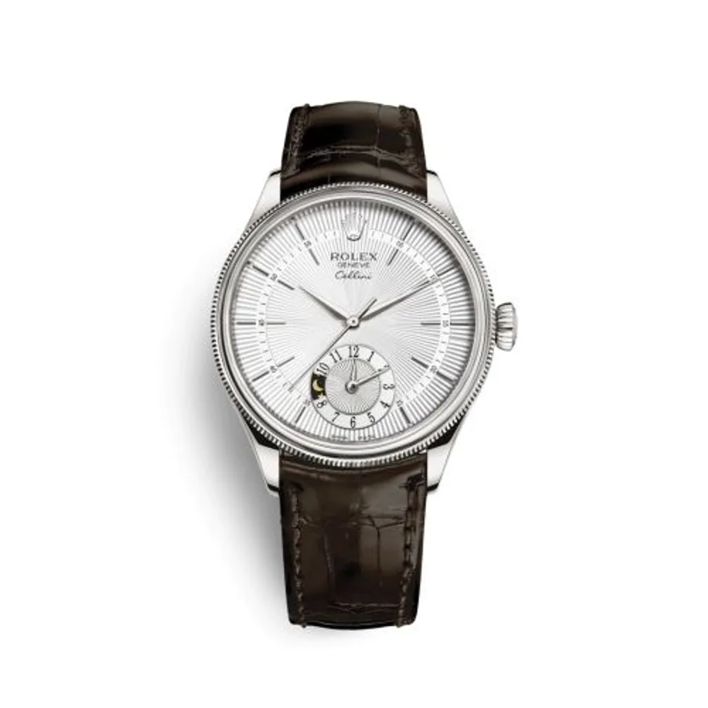 Rolex Cellini Dual Time White Gold / Silver / Alligator Brown