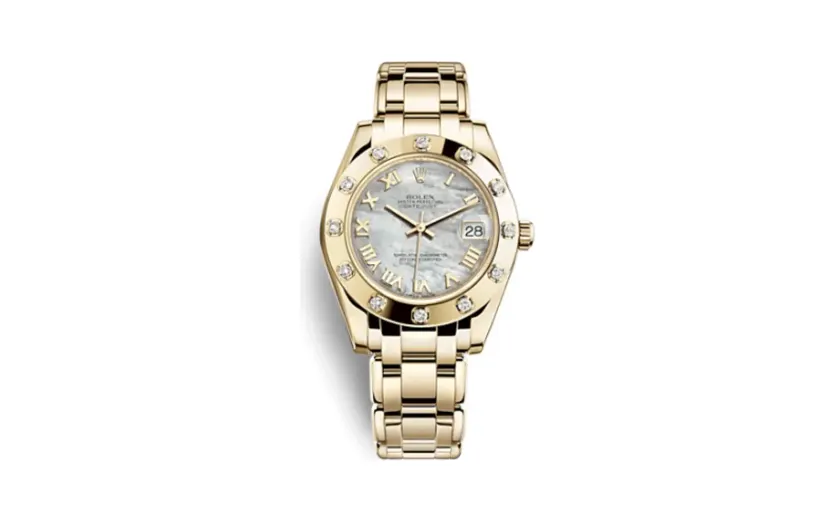 Rolex Datejust Pearlmaster 34 Yellow Gold 12 Diamond Mother of Pearl Roman